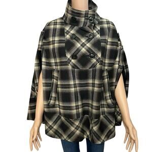 Ann Taylor Loft Plaid Cape One Size Wool Blend Double Breasted Funnel Neck